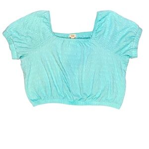 Ruched Smocked Short Sleeve Blue Top Cropped Size‎ XL Square Neck Pleated Blouse